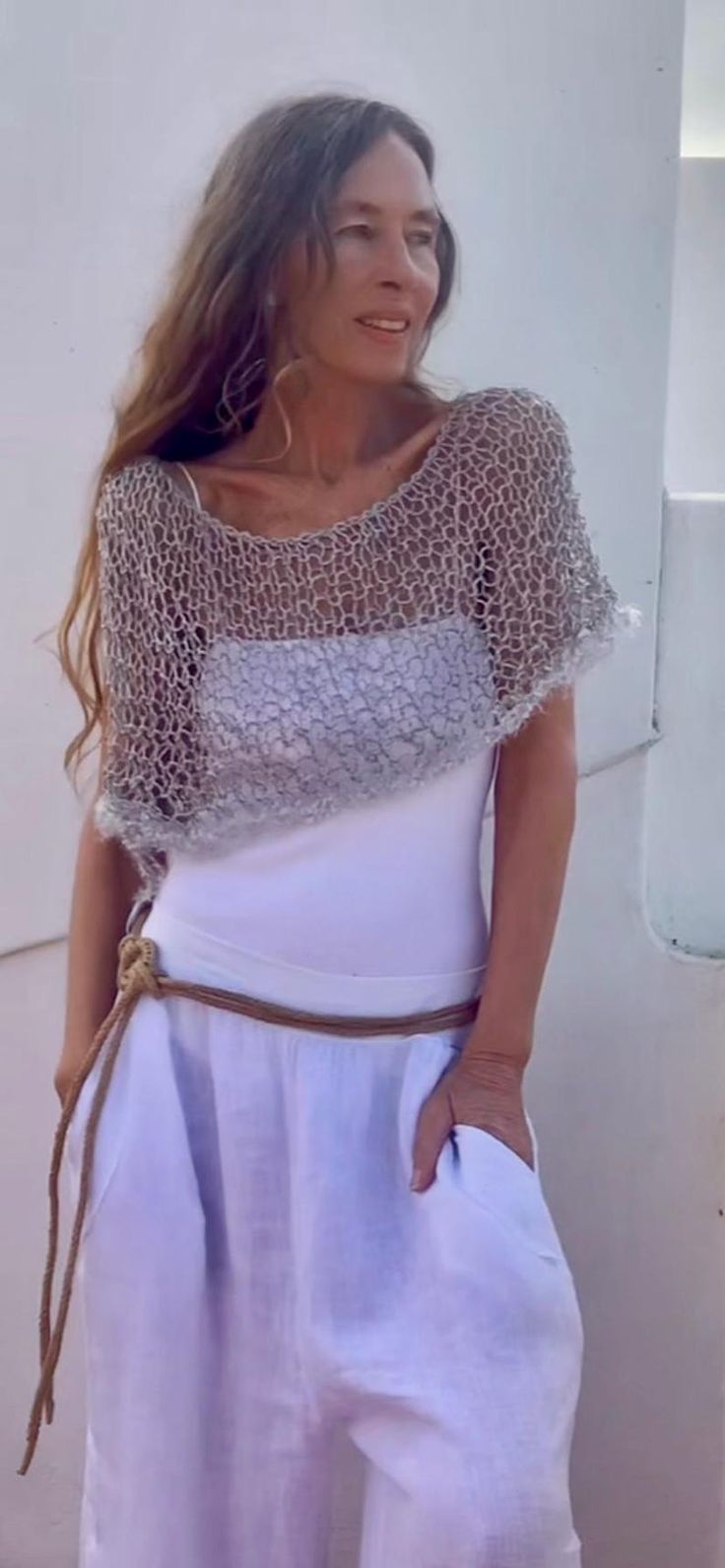 gray Linen poncho capelet with fluffy ribbon details on the hemline, summer knit cover up, loose weave, sheer poncho handmade hand knit