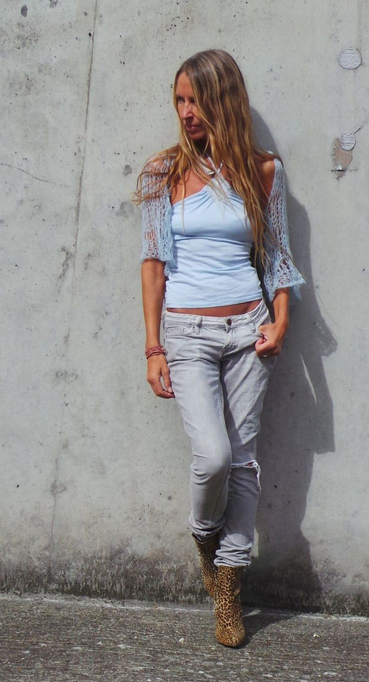 blue bolero shrug, loose knit, summer, shrug, sheer, ethereal, silk, alpaca, summer top