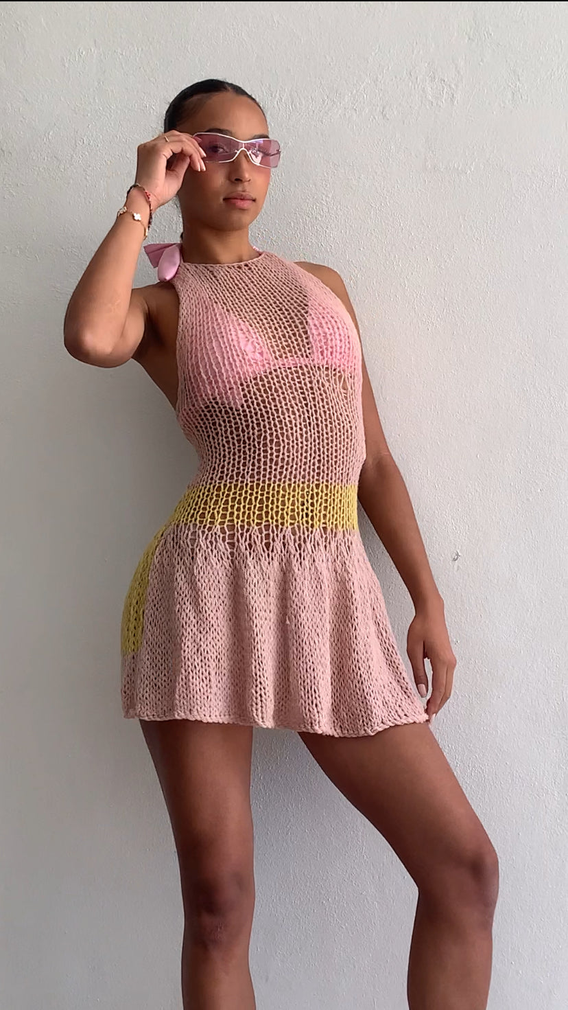 Pink mini dress, with racer back detail, yellow waistband, alpaca blend