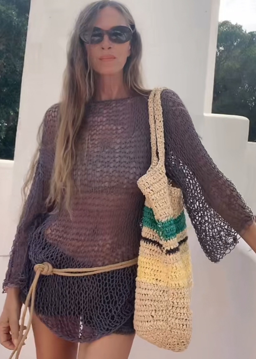 Gray cotton loose knit sweater beach cover-up, boho style, slouchy summer sweater, lightweight open weave wide sleeve effortless sweater