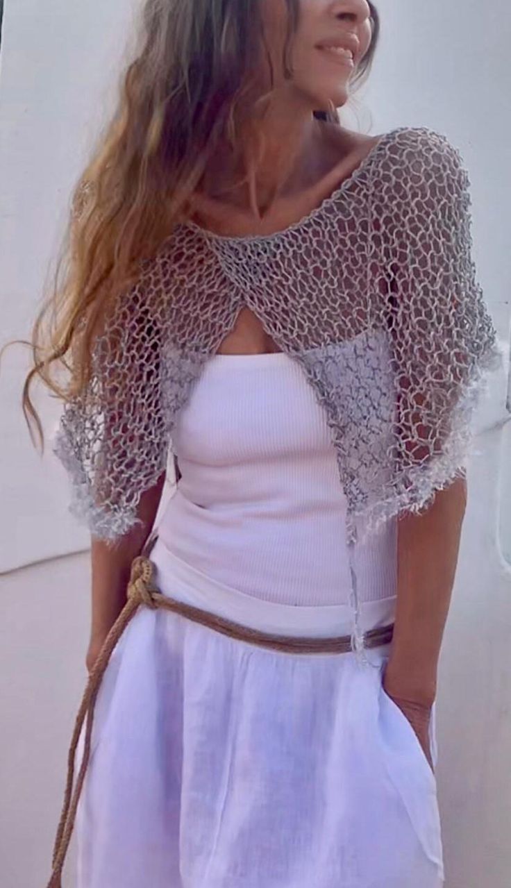gray Linen poncho capelet with fluffy ribbon details on the hemline, summer knit cover up, loose weave, sheer poncho handmade hand knit
