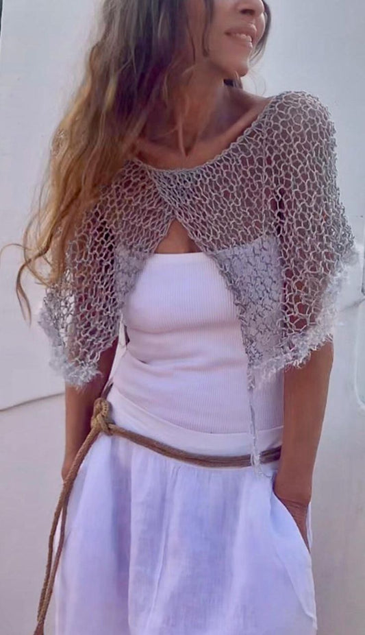 gray Linen poncho capelet with fluffy ribbon details on the hemline, summer knit cover up, loose weave, sheer poncho handmade hand knit