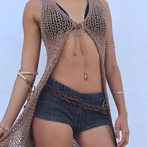 Linen Longline waistcoat, sleeveless sweater Tunic gilet brown Cotton Linen summer knit,