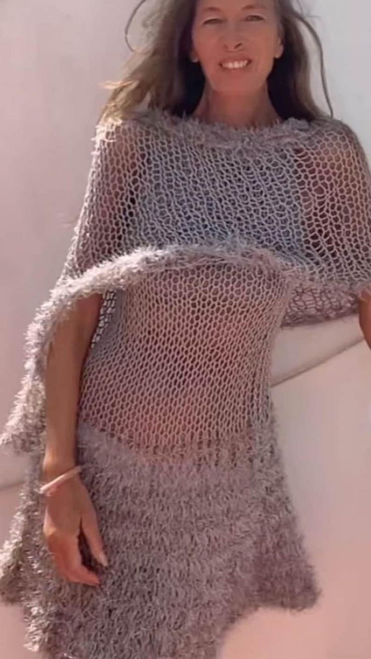 Silver Gray poncho, sheer summer knit cover up, loose weave, loose knit, faux fur trim, cotton summer knit capelet,