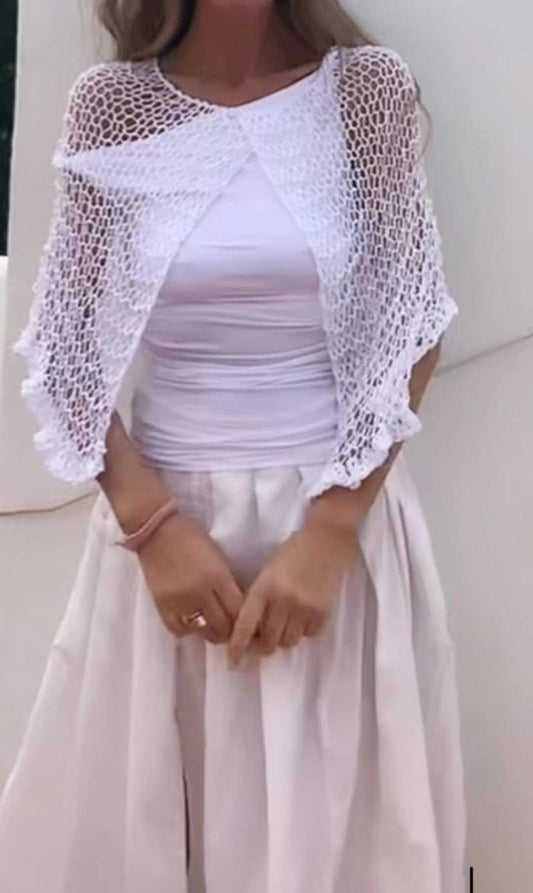 white linen poncho, white capelet, summer knit, loose weave, boho style