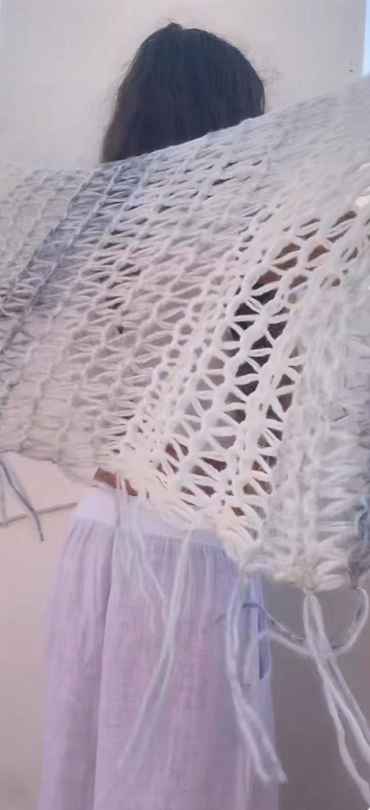 Luxury alpaca shawl, handknit looseweave style, in tones of ivory, silver, pale blue, touch of gray ombre shawl poncho