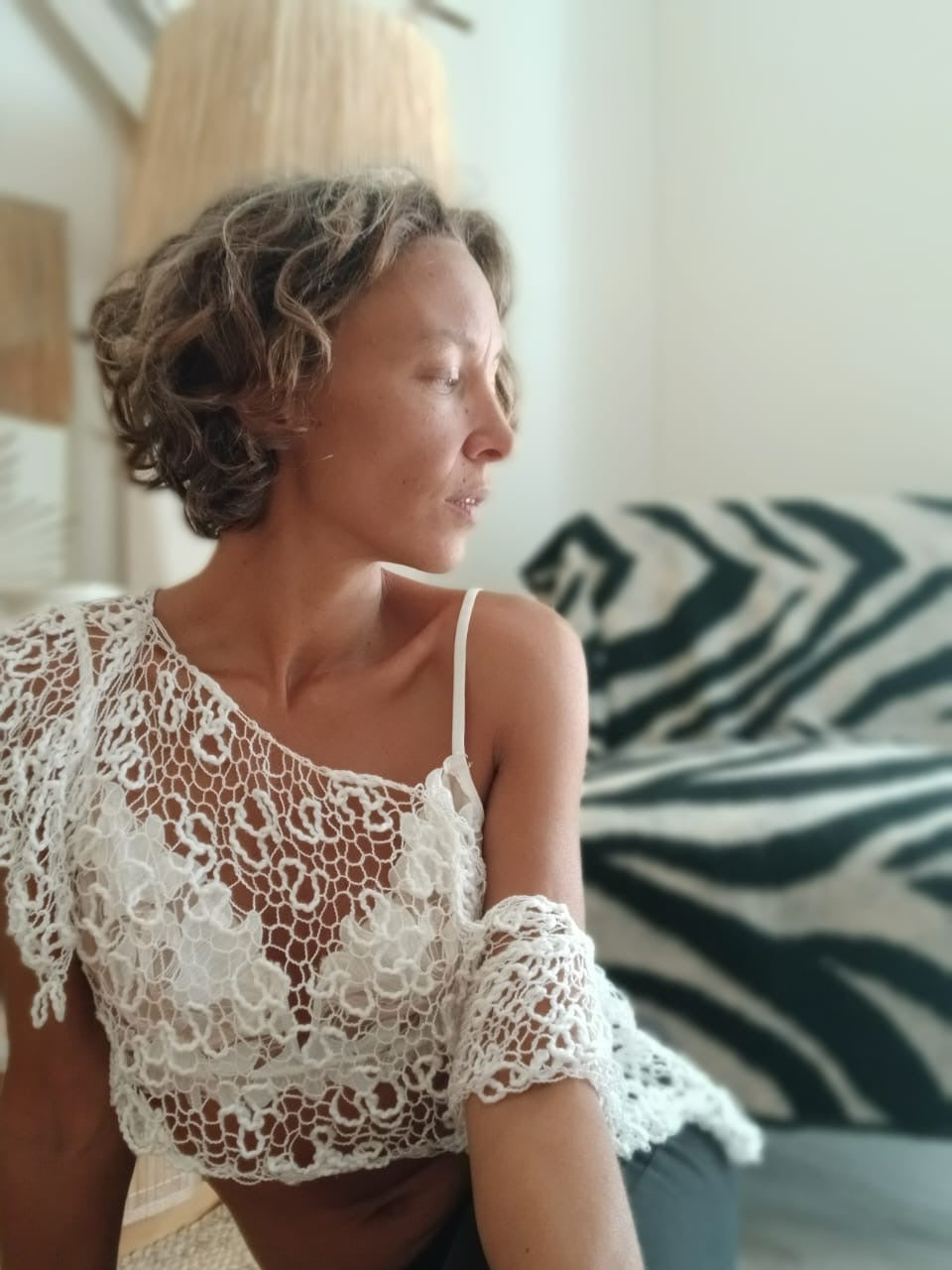 White Sheer knit, butterfly sleeve, crop top