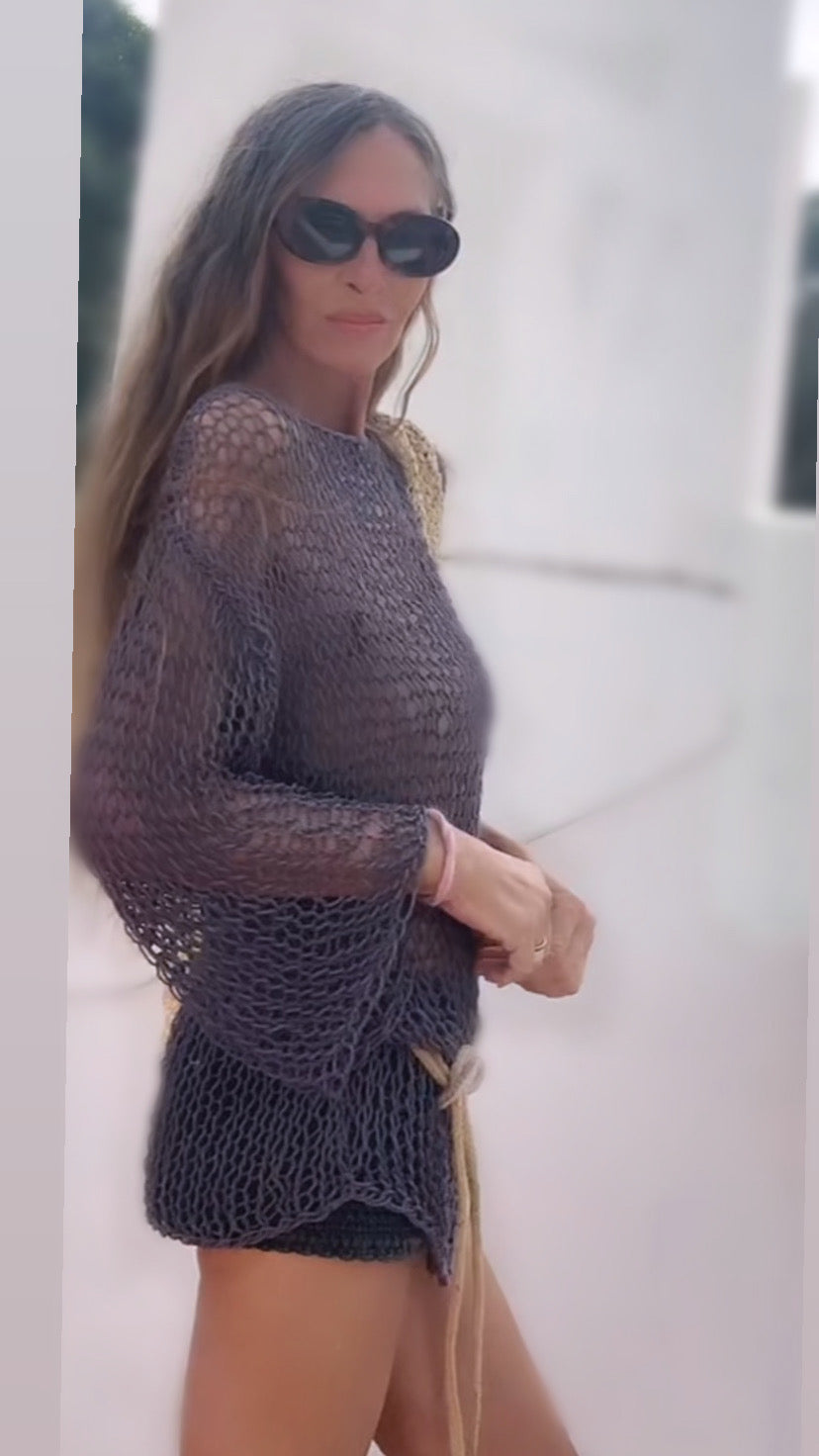 Gray cotton loose knit sweater beach cover-up, boho style, slouchy summer sweater, lightweight open weave wide sleeve effortless sweater