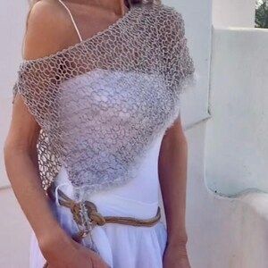 gray Linen poncho capelet with fluffy ribbon details on the hemline, summer knit cover up, loose weave, sheer poncho handmade hand knit