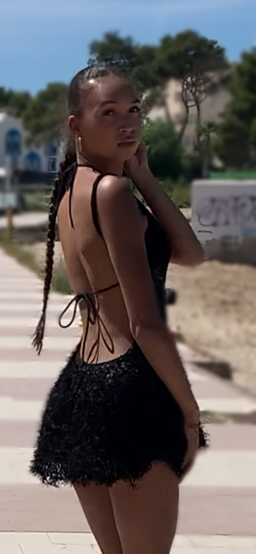 Black mini dress faux fur skirt backless, cotton bodice beach wear, sheer knit skater dress custom colours available.