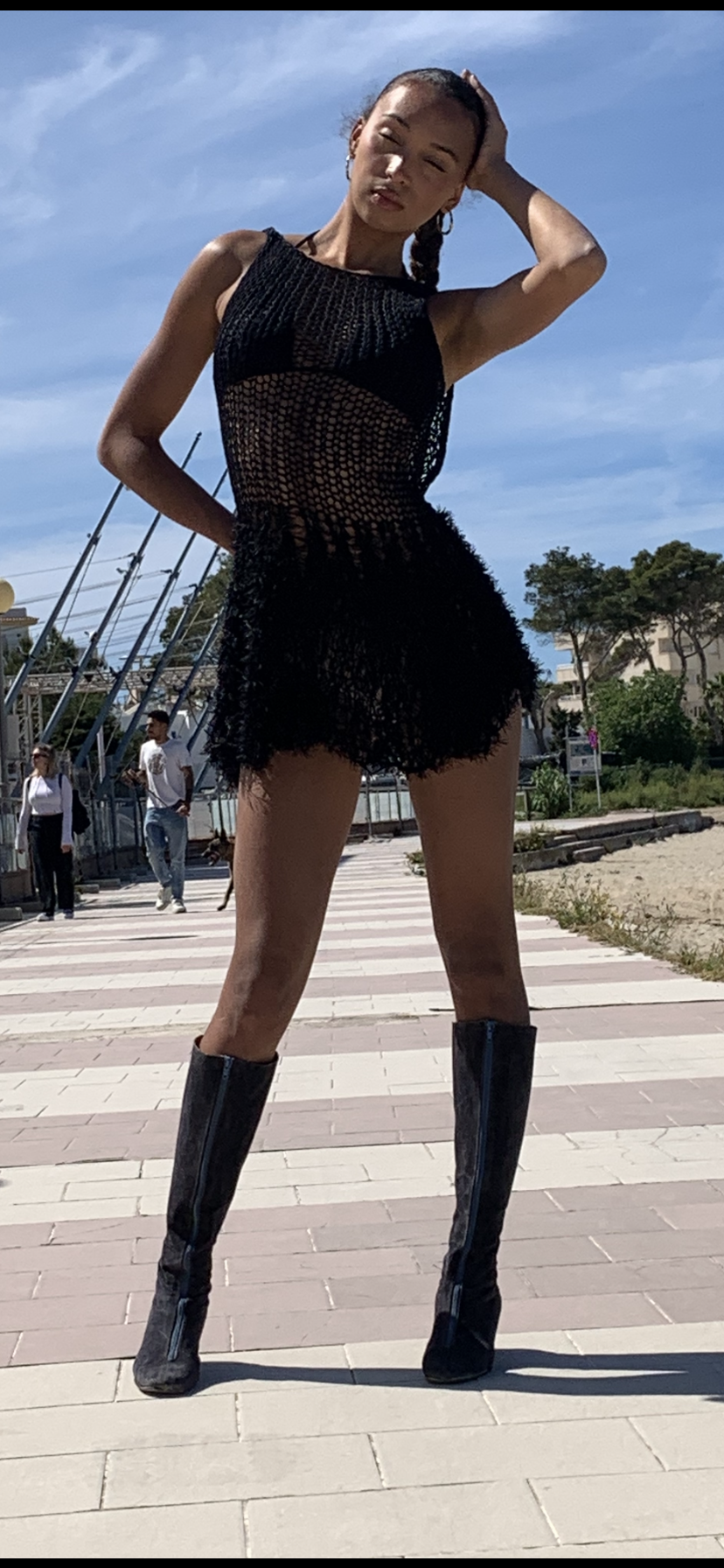 Black mini dress faux fur skirt backless, cotton bodice beach wear, sheer knit skater dress custom colours available.