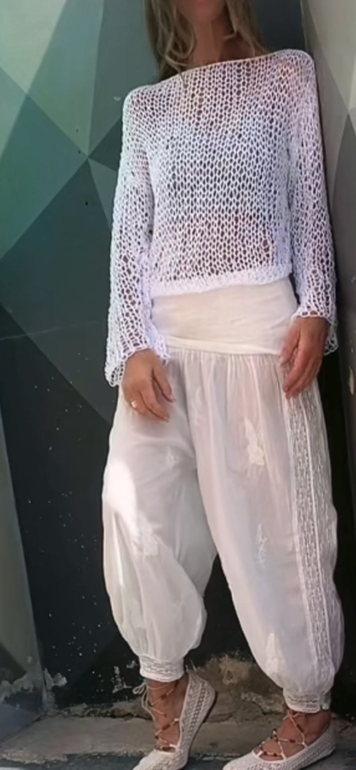 Handmade Cotton Crop Top, white Slouchy Knit Sweater, Beach Cover