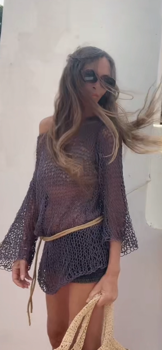 Gray cotton loose knit sweater beach cover-up, boho style, slouchy summer sweater, lightweight open weave wide sleeve effortless sweater