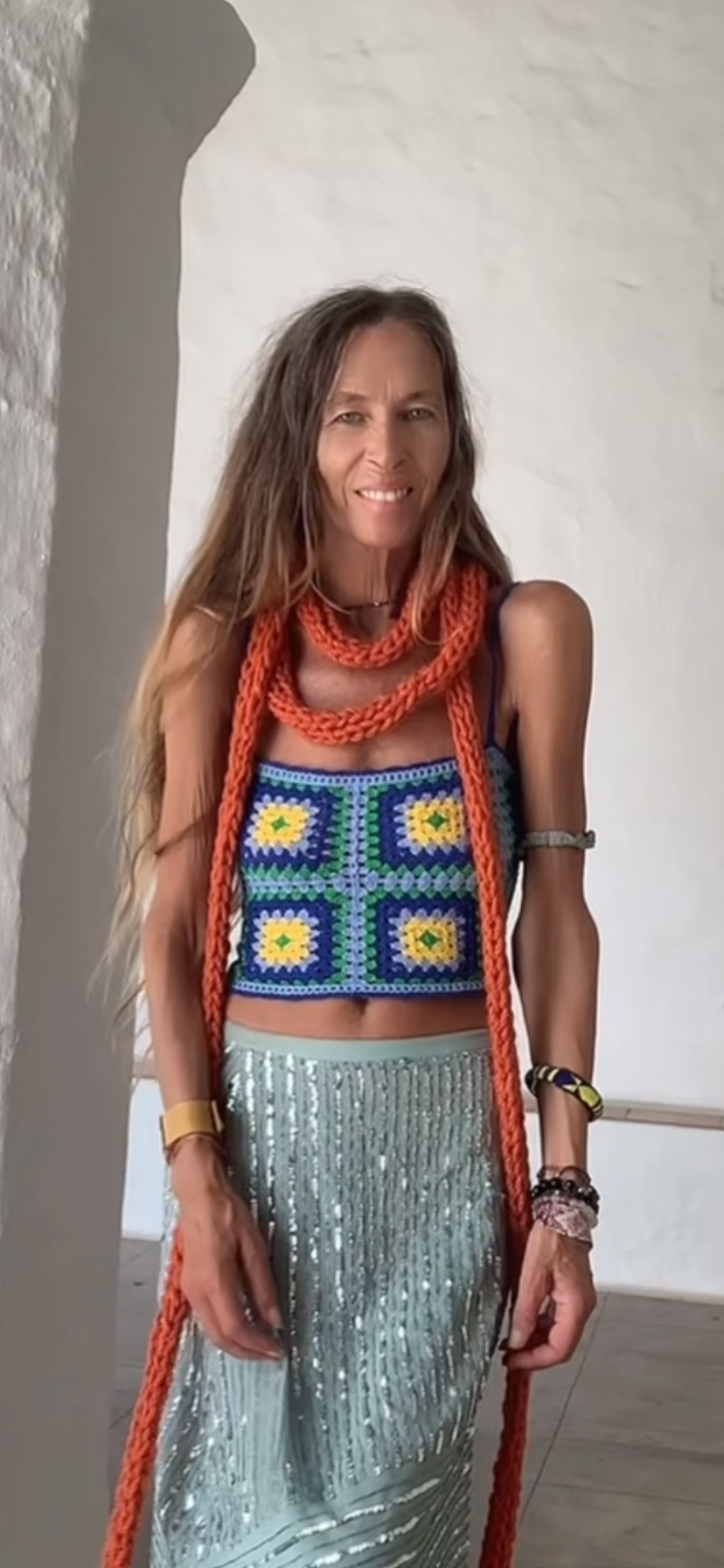 Orange chunky knit super long snake scarf fiber necklace