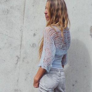 blue bolero shrug, loose knit, summer, shrug, sheer, ethereal, silk, alpaca, summer top