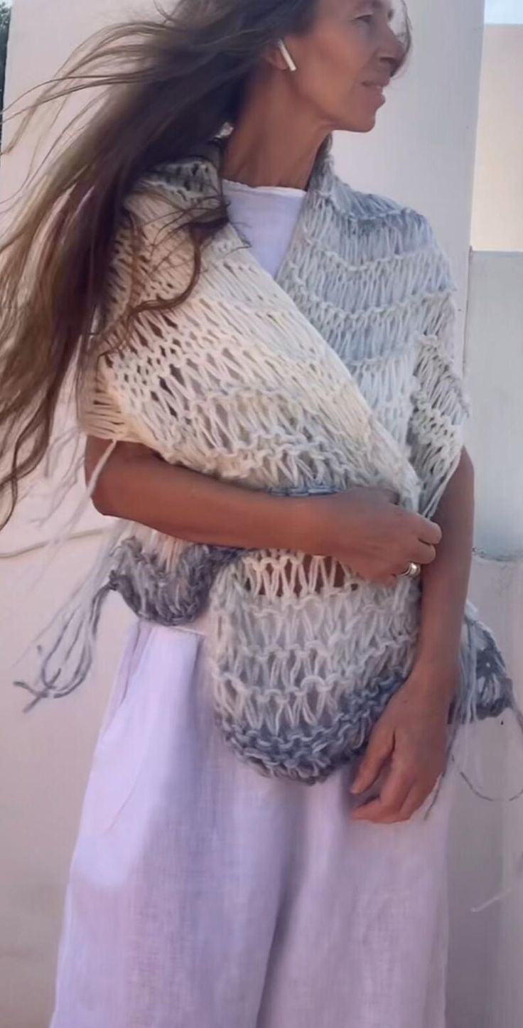Luxury alpaca shawl, handknit looseweave style, in tones of ivory, silver, pale blue, touch of gray ombre shawl poncho