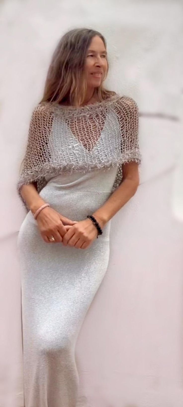 Silver Gray poncho, sheer summer knit cover up, loose weave, loose knit, faux fur trim, cotton summer knit capelet,