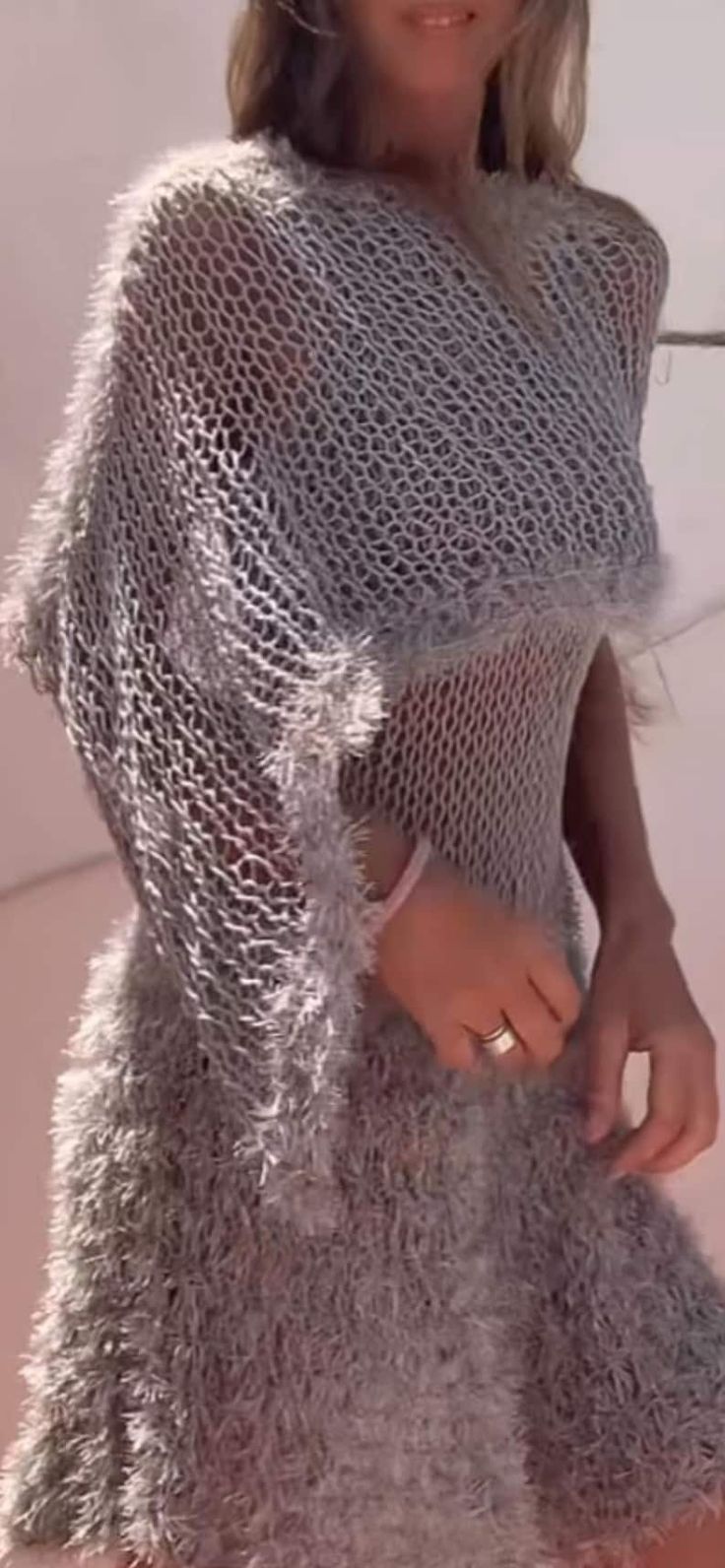 Silver Gray poncho, sheer summer knit cover up, loose weave, loose knit, faux fur trim, cotton summer knit capelet,