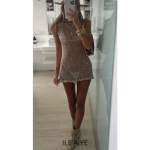 sea green linen sheer knit backless dress, beach wear, summer dress