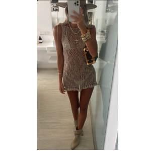 beige linen sheer knit backless dress, beach wear, summer dress