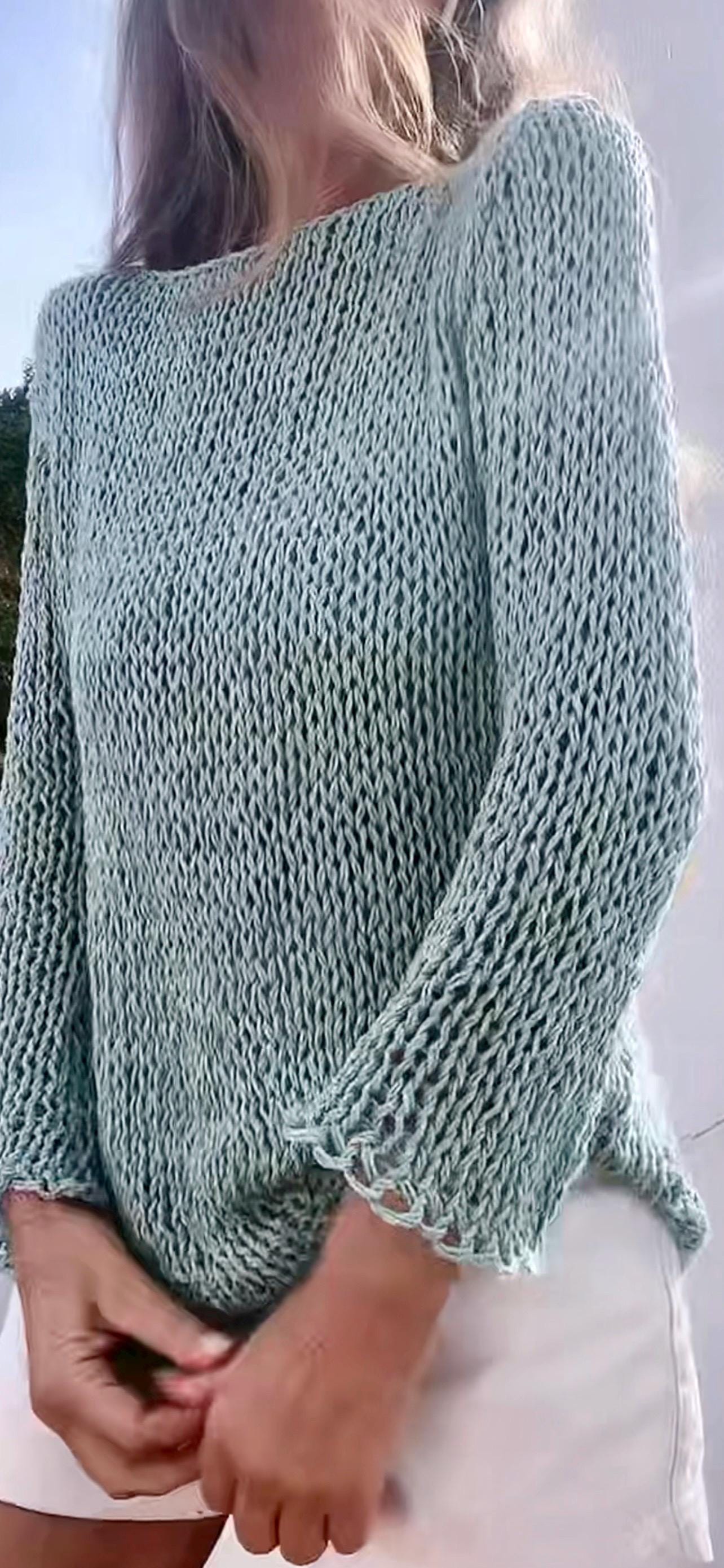 Linen Sweater: Slouchy aqua marine/turquoise Summer Top, Wide Sleeves handknit