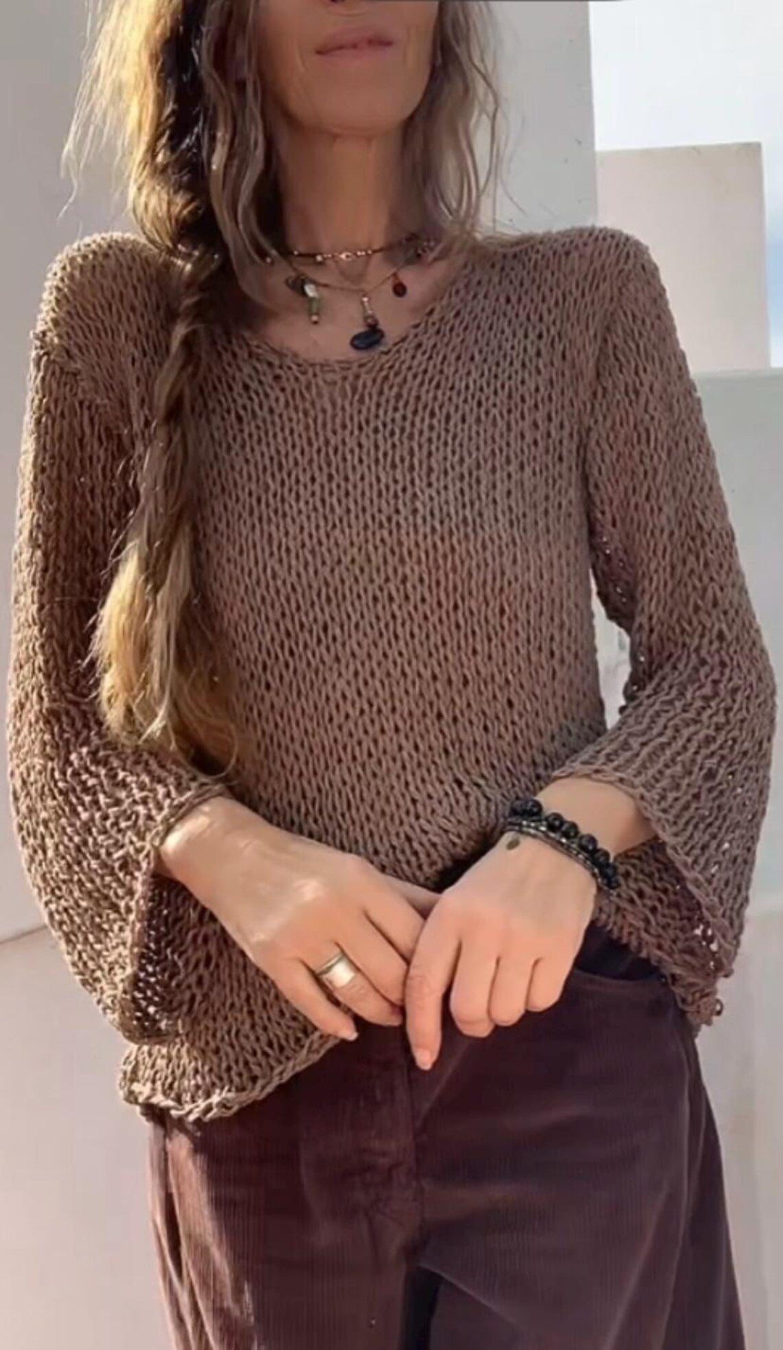 Brown Linen blend loose fit sweater, wide sleeve, women's sweater, handmade knitwear, linen clothing