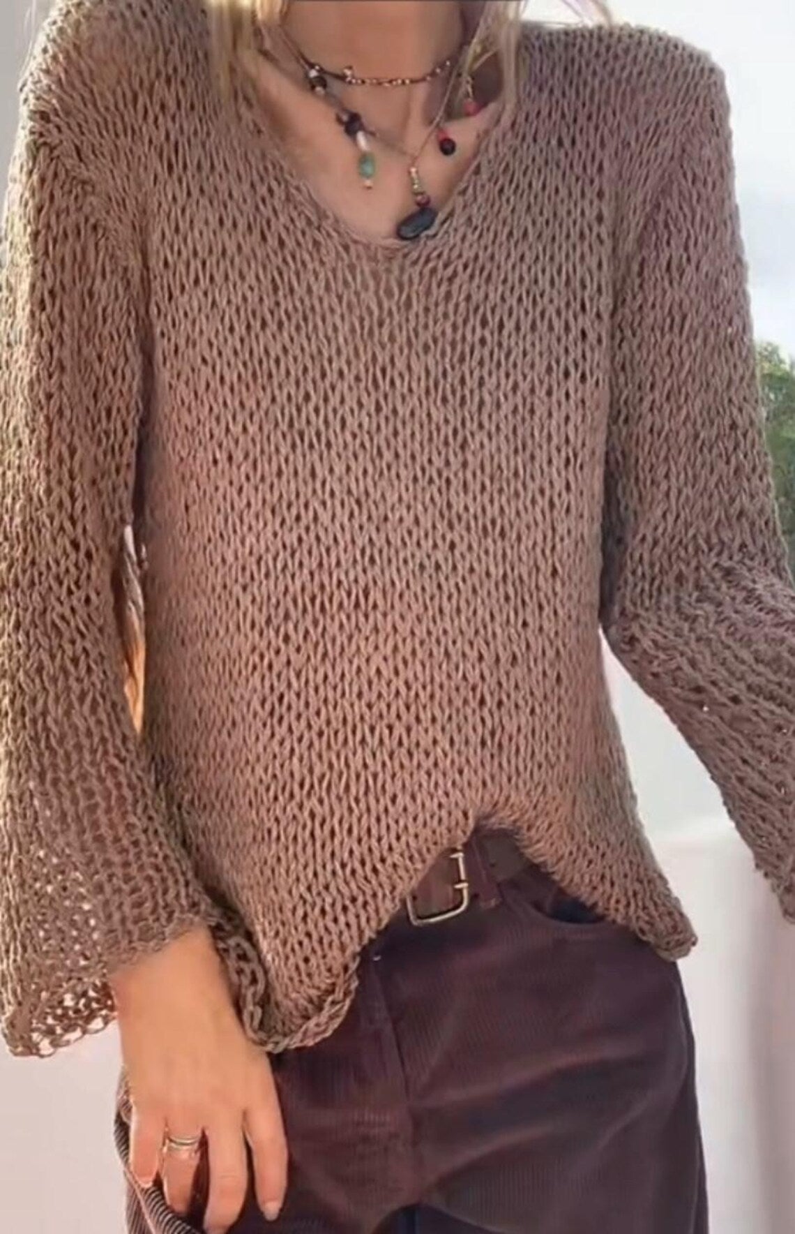 Brown Linen blend loose fit sweater, wide sleeve, women's sweater, handmade knitwear, linen clothing