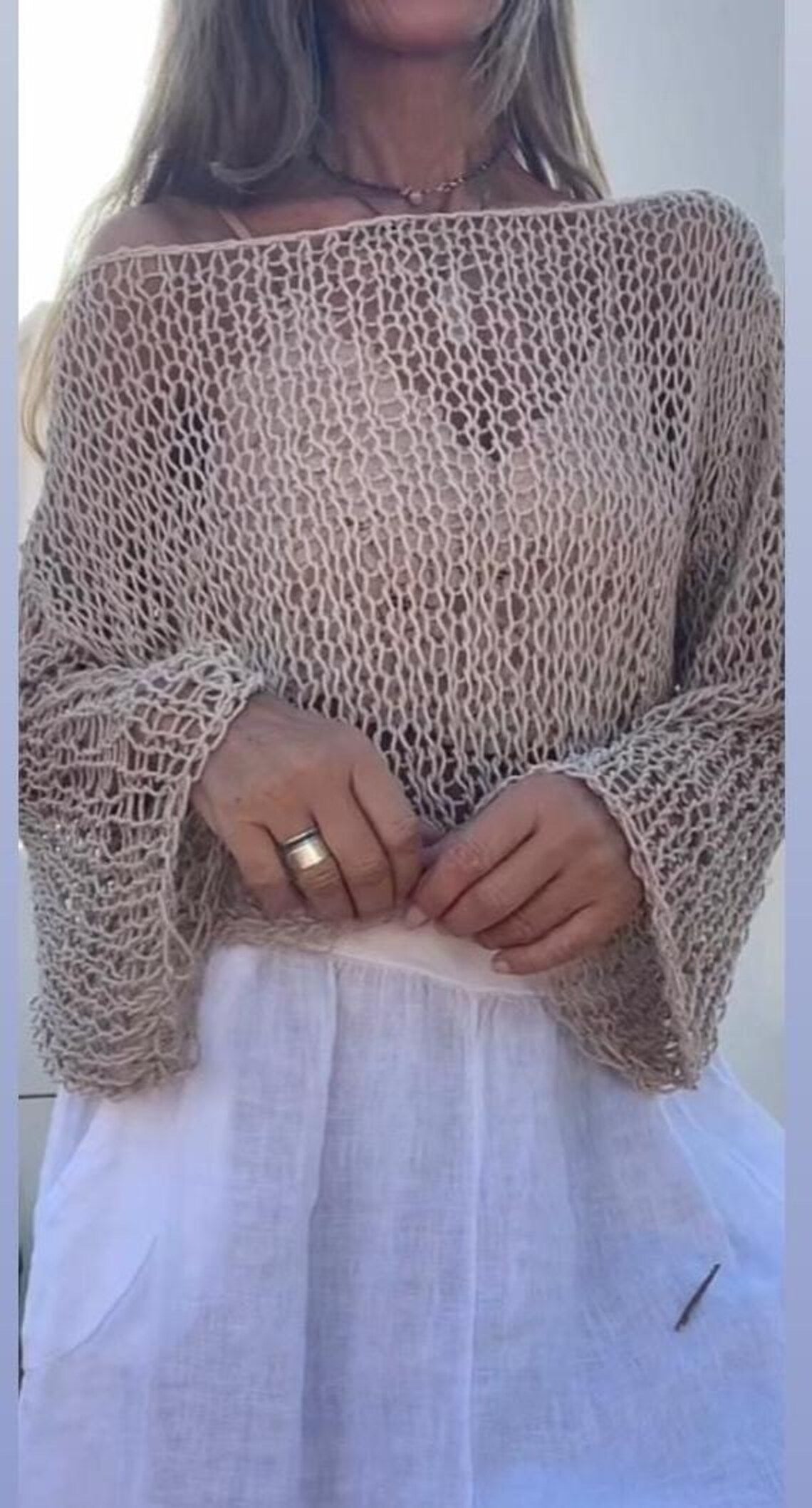 cotton sweater Light Beige crop top, beach wear, slouchy sweater, lightweight loose knit, dance, yoga. ballet, cotton top