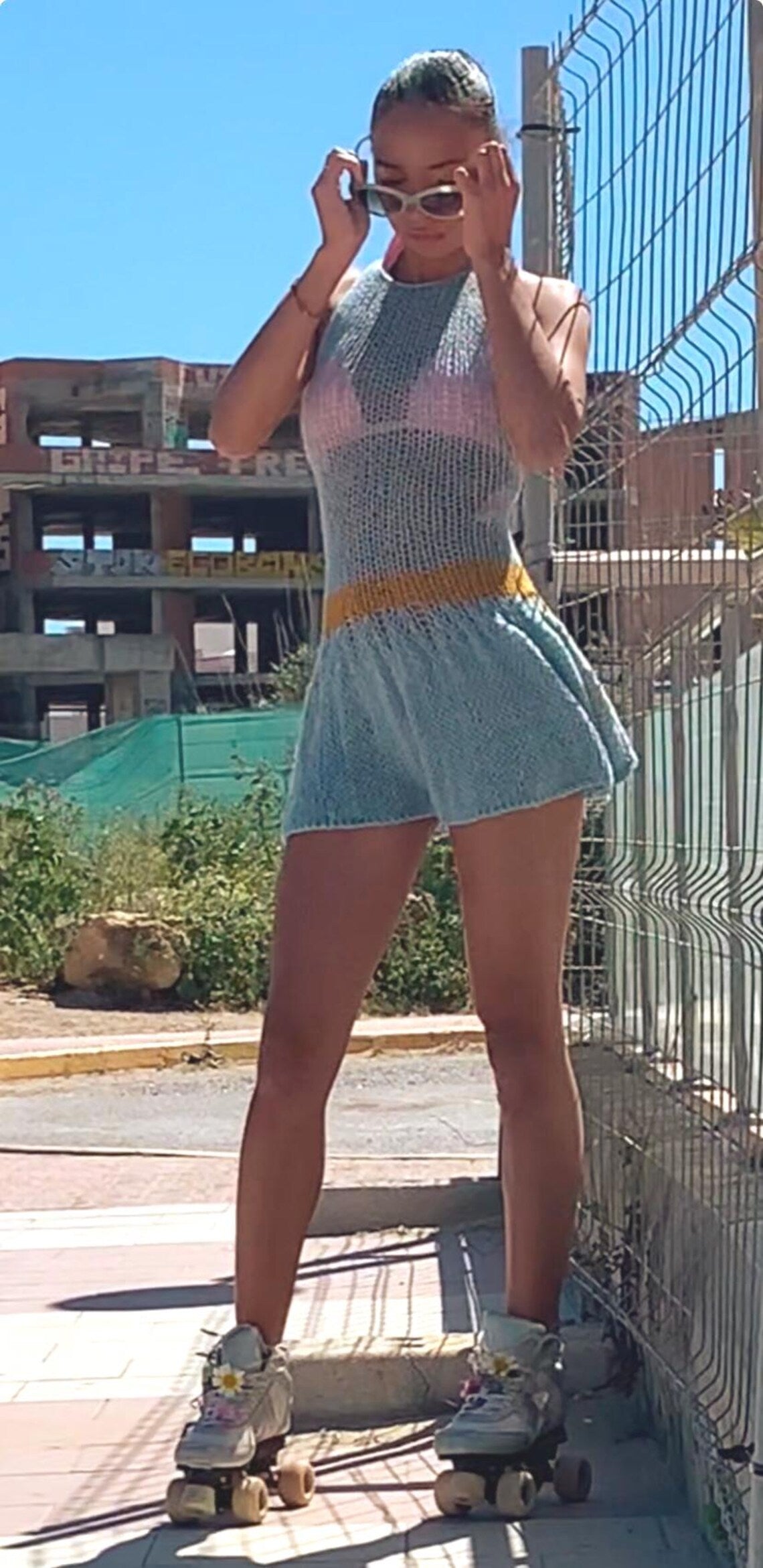 Turquoise blue mini dress mustard yellow waistband and racer back detail, yellow knitted dress, summer mini dress festival beach party dress