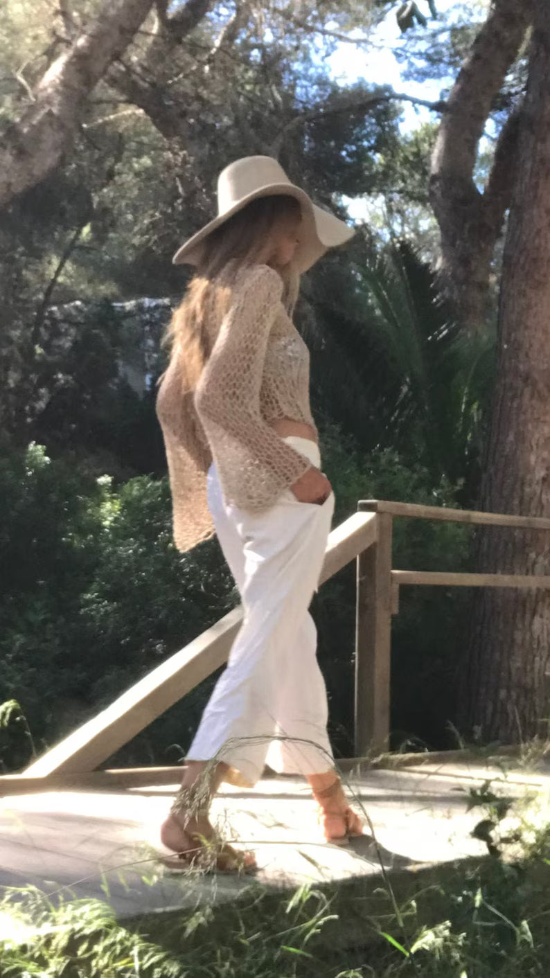 Beige cotton crop top loose knit, side sleeve, beach sweater