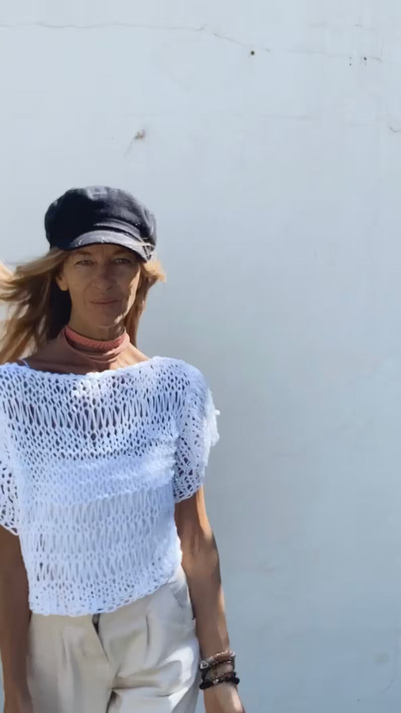 White Cotton Knit Crop Top: Open Weave Summer Sweater