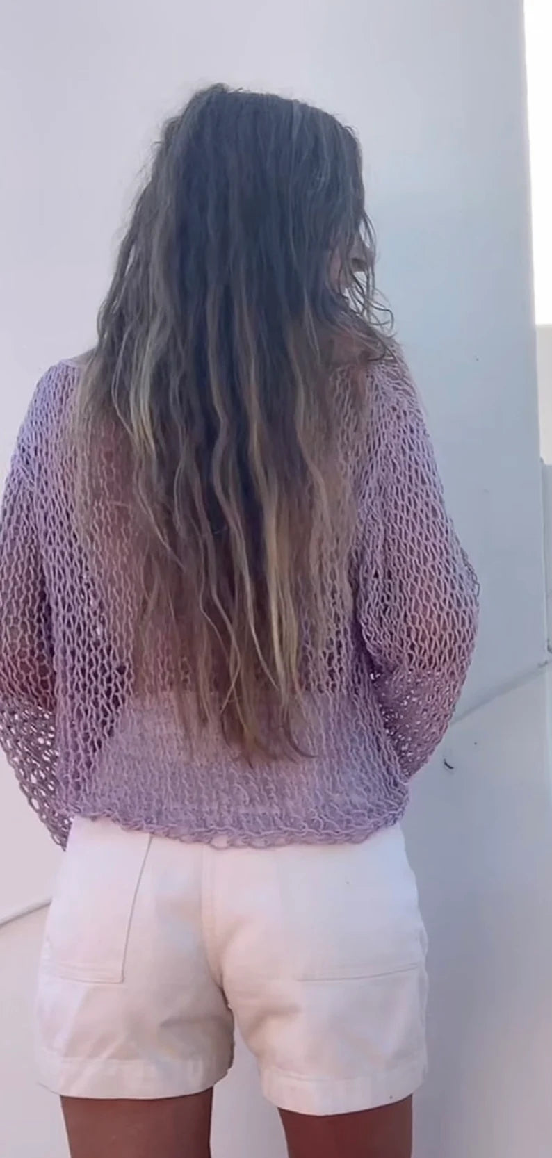 cotton sweater, Lavender Lilac crop top, beach wear, slouchy sweater, lightweight loose knit, dance, yoga. ballet, minimalist cotton top