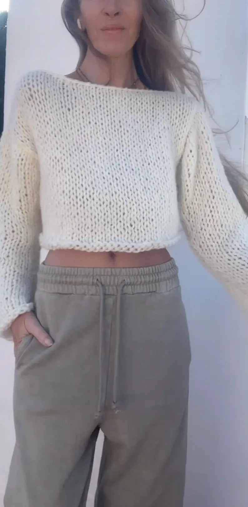 Handknit Ivory Alpaca Crop Top: Minimalist Knit Sweater