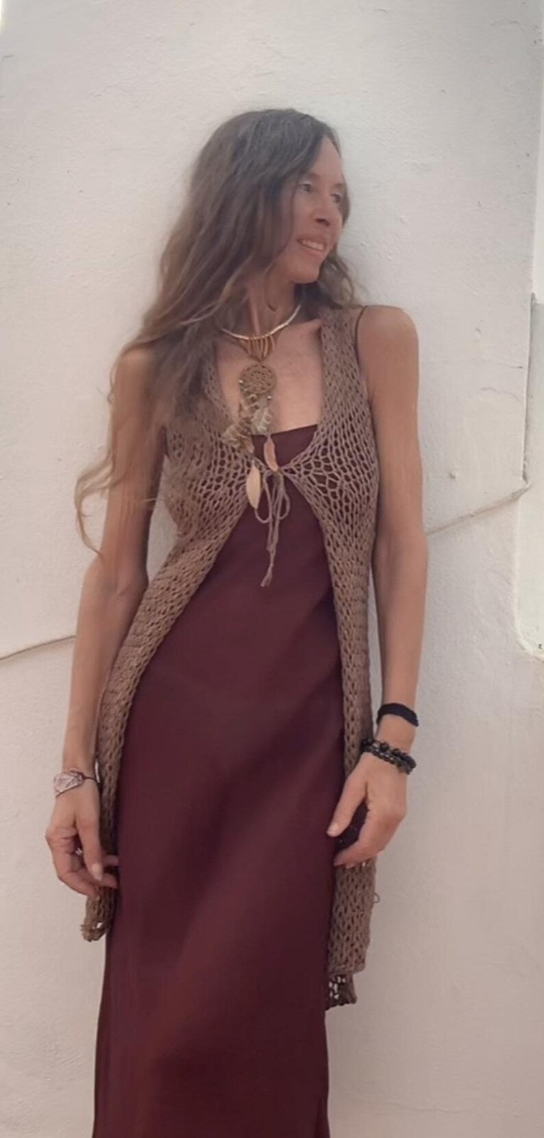 Linen Longline waistcoat, sleeveless sweater Tunic gilet brown Cotton Linen summer knit,
