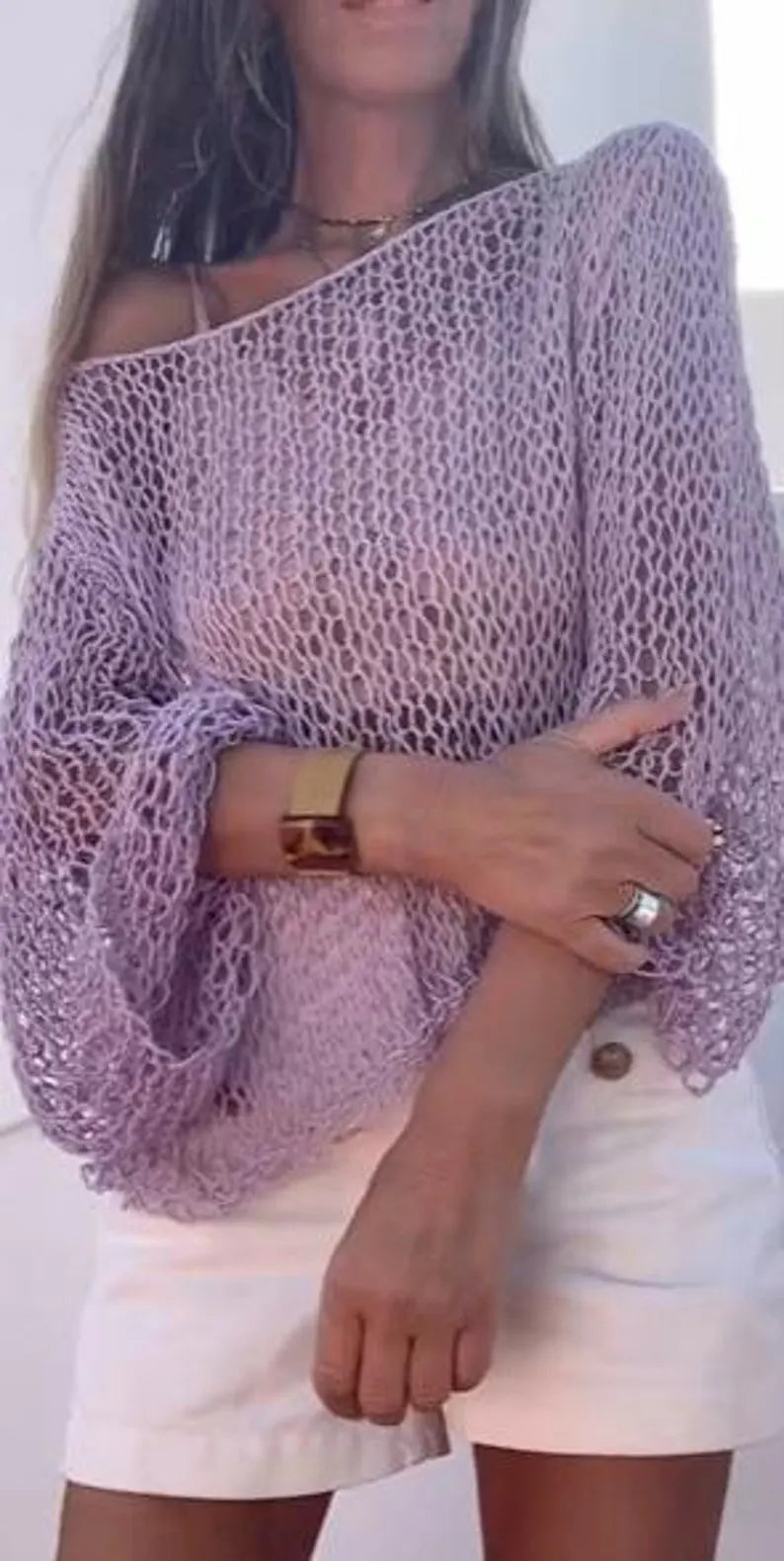 cotton sweater, Lavender Lilac crop top, beach wear, slouchy sweater, lightweight loose knit, dance, yoga. ballet, minimalist cotton top