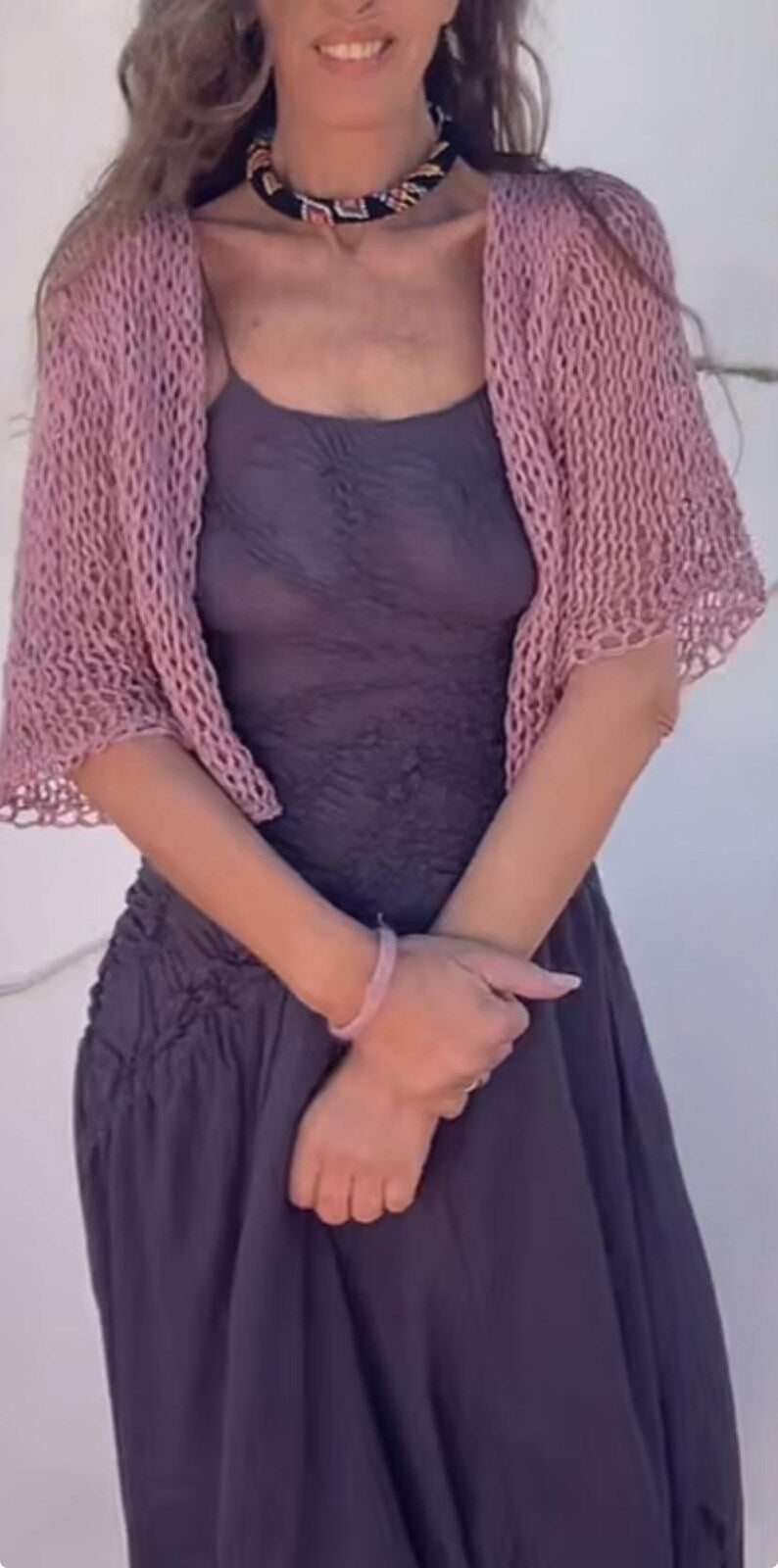 pink linen cardigan bolero, summer knit, coverup, linen cotton sweater, short elbow length sleeve, handmade