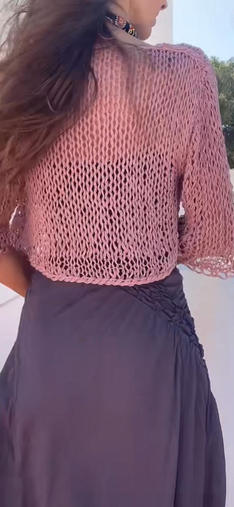 pink linen cardigan bolero, summer knit, coverup, linen cotton sweater, short elbow length sleeve, handmade