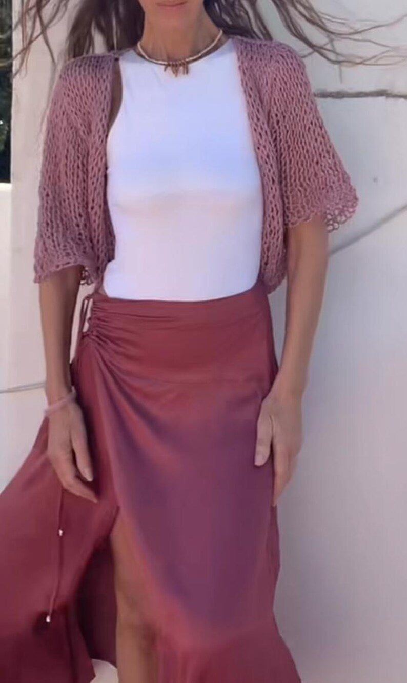 pink linen cardigan bolero, summer knit, coverup, linen cotton sweater, short elbow length sleeve, handmade