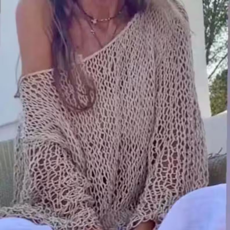 Handmade Cotton Crop Top, Beige Slouchy Knit Sweater, Beach Cover