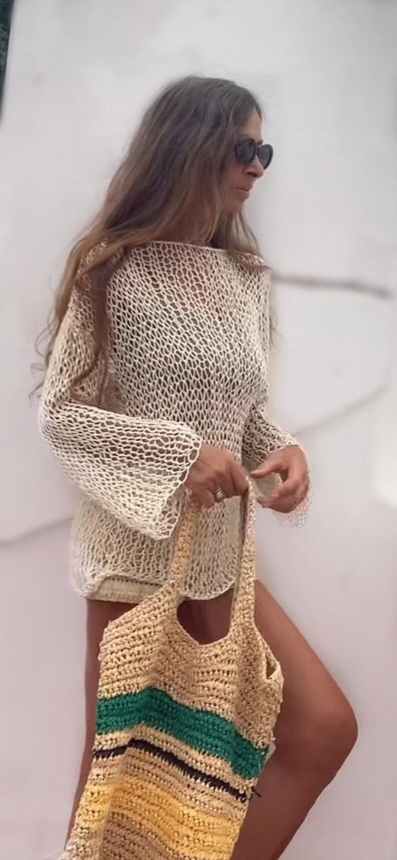 ivory white  cotton loose knit sweater, beach cover-up, boho style, slouchy summer sweater, lightweight open weave wide sleeve effortless