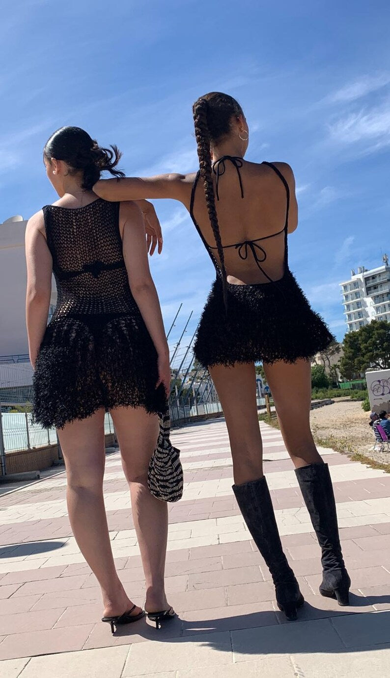 Black mini dress faux fur skirt backless, cotton bodice beach wear, sheer knit skater dress custom colours available.