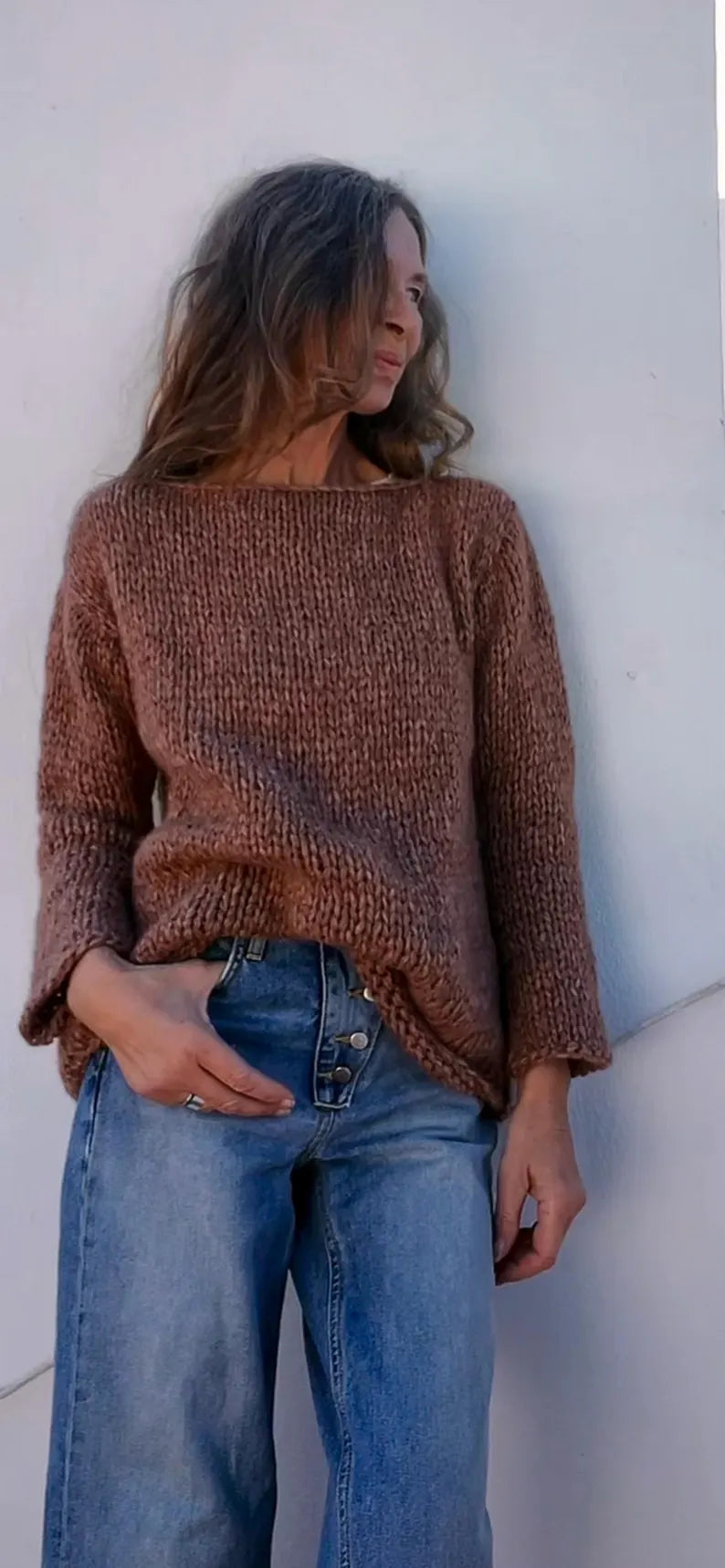 brown Handknit Alpaca Sweater: Women's Slouchy Oversized Pullover