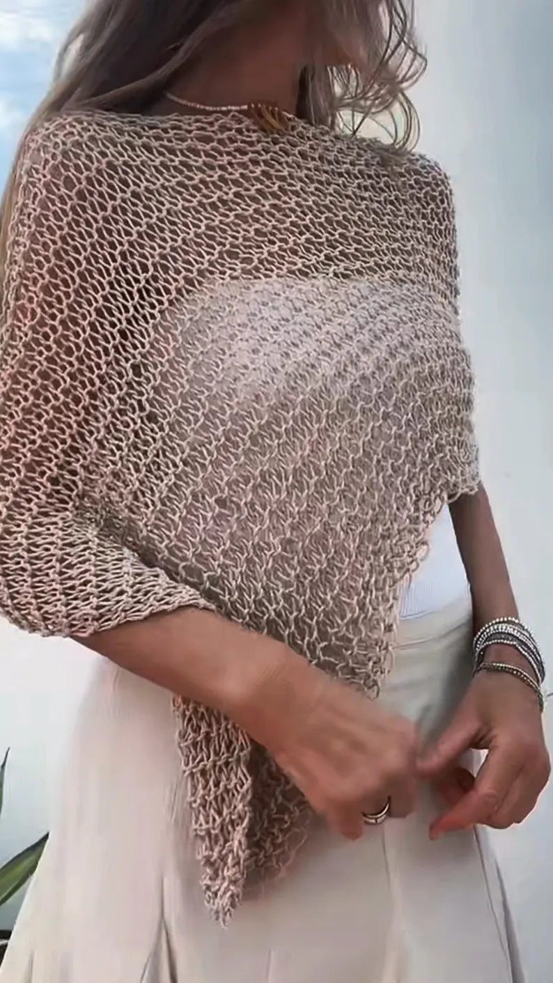 Beige cotton poncho, cover up, vegan top, sheer, handmade knitwear