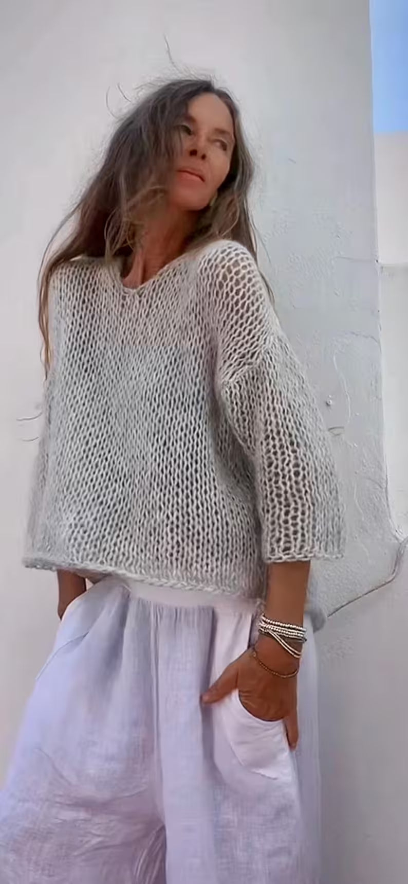 grey alpaca sweater, transitional airy lightweight silver gray, oversized relaxed fit summer knit