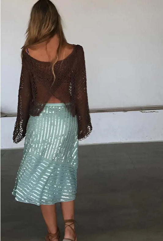 Brown cotton sheer top, backless,v back detail looseknit summer top