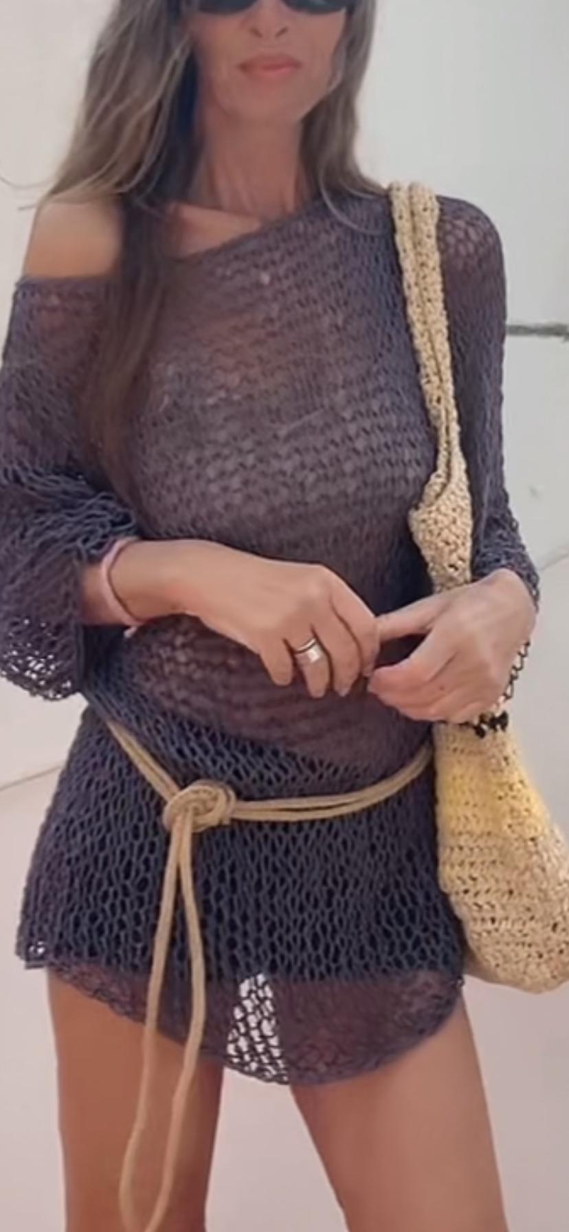 Gray cotton loose knit sweater beach cover-up, boho style, slouchy summer sweater, lightweight open weave wide sleeve effortless sweater