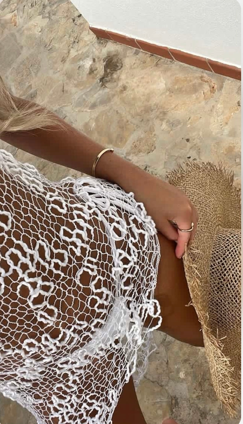 White sheer knit backless dress, with asymmetric hemline Ibiza beach style