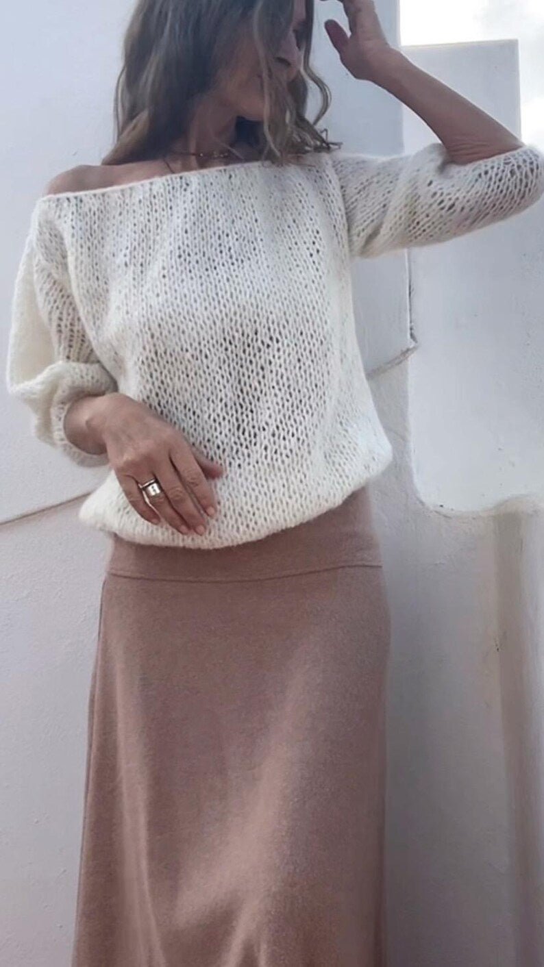 Ivory white puff sleeve sweater, lightweight alpaca summer sweater, sustainable and ethically made