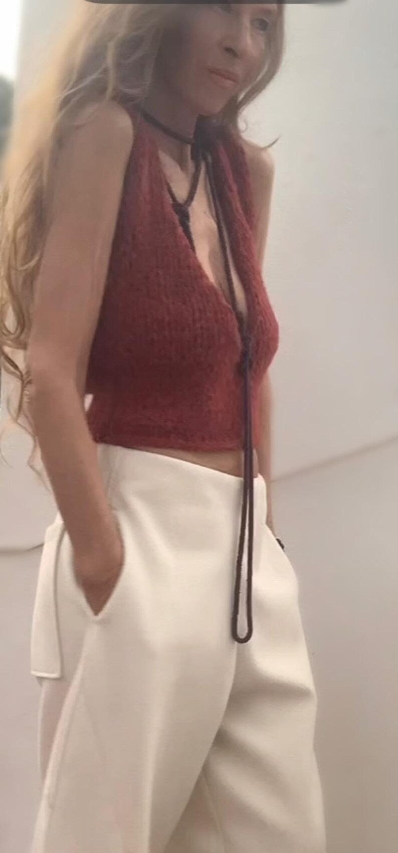 orange v neck crop tank, alpaca wool vest, tank top spring summer tank top.