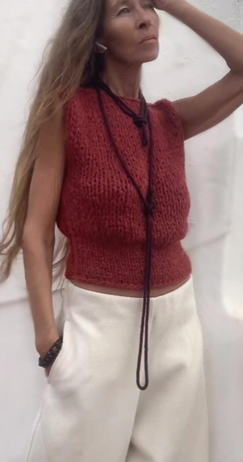 orange v neck crop tank, alpaca wool vest, tank top spring summer tank top.